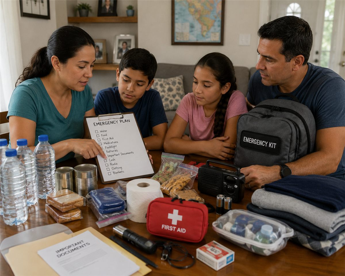 SurvivalStockUp - Family Emergency Preparedness and Survival Kit Planning Family reviewing emergency preparedness supplies and survival plan at home