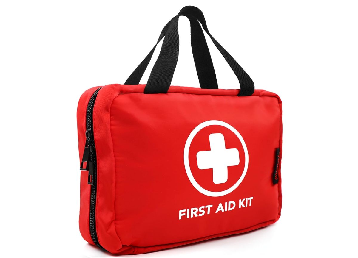 330-piece waterproof first aid kit open and fully stocked