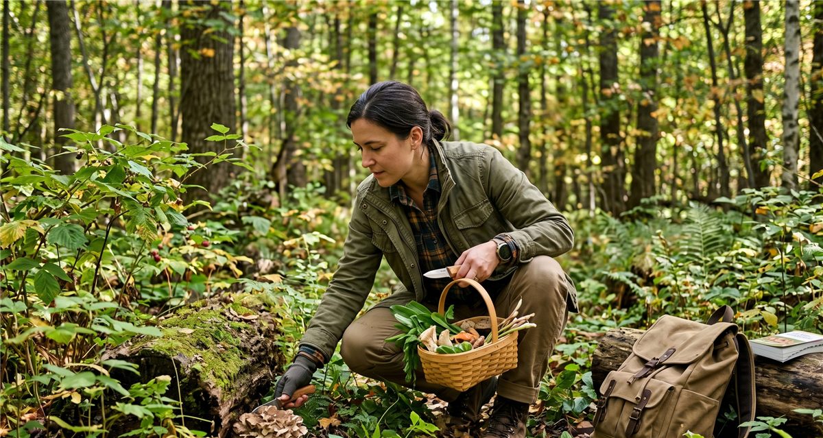 Foraging Wild Food for Survival - Identifying Edible Plants and Berries Person foraging wild edible plants and berries in a forest