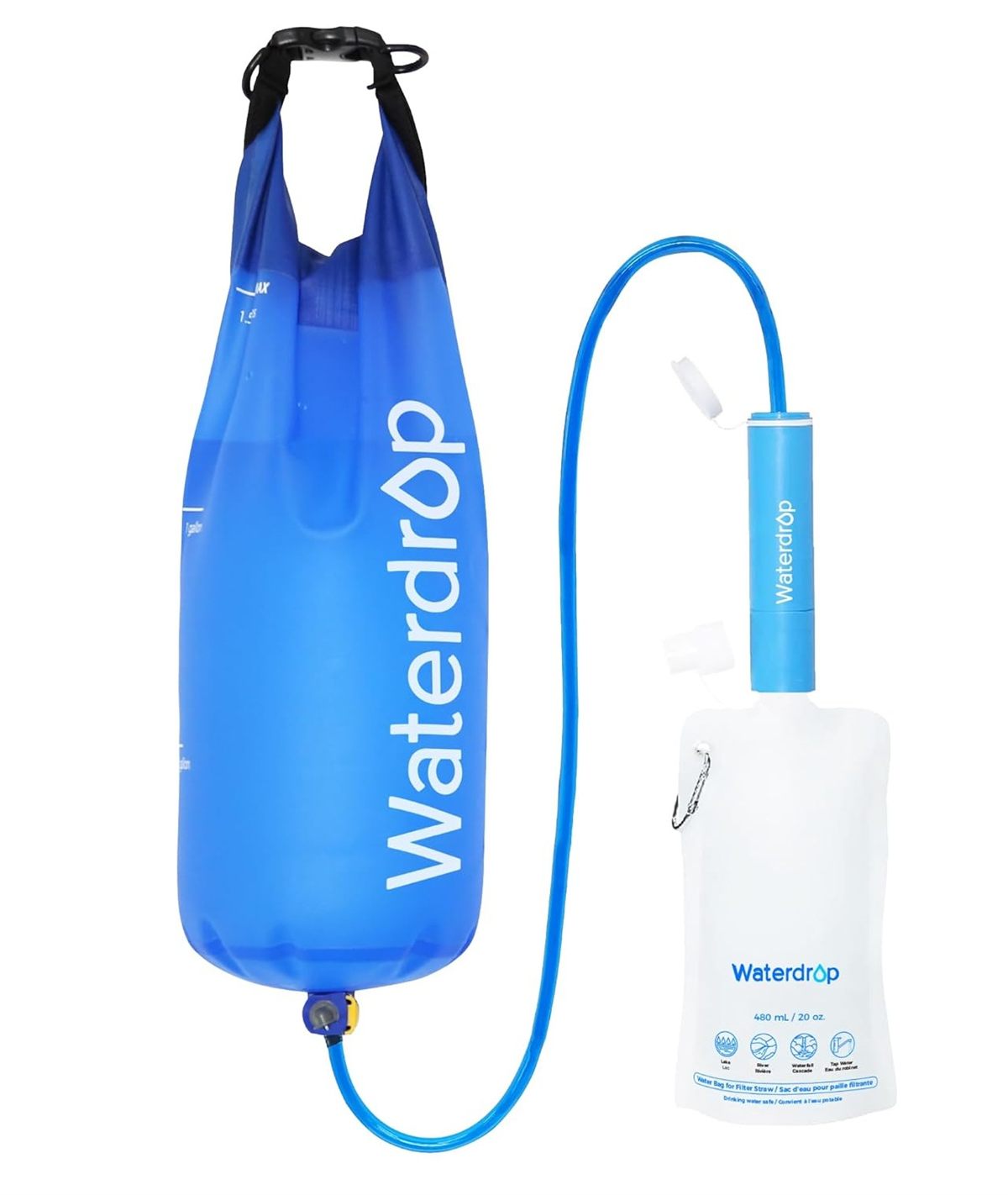 Gravity-fed water filter for emergency water purification