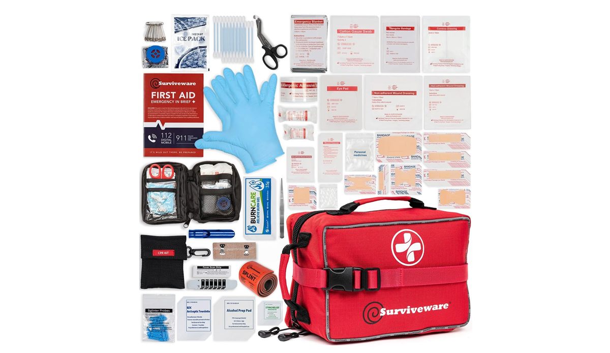 Comprehensive premium survival first aid kit contents laid out