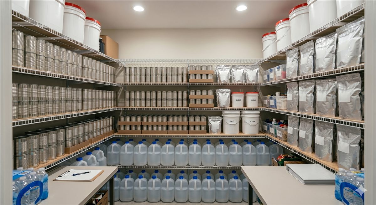 Emergency Food and Water Storage Guide - Survival Supply Stockup Emergency food and water storage supplies on shelving